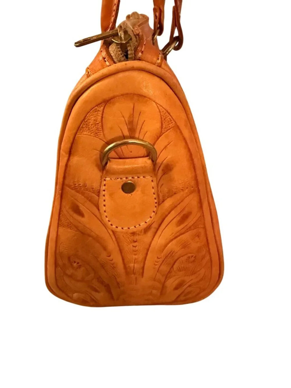 Vintage Womens Rectangular Hand-tooled Leather Handbag Top Handles Tan Western